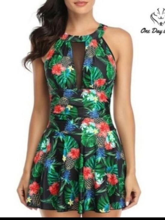 zecxy Dresses & Skirts - Zecxy high neck mesh ruched one piece Beachy Nautical Swim Suite size small